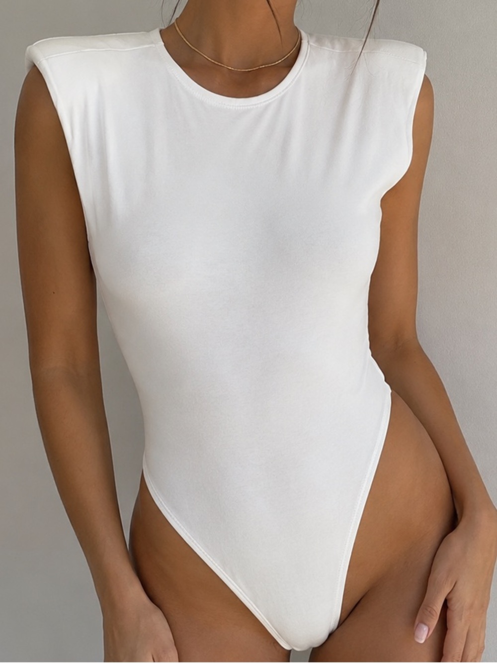Shinestar White Padded-Shoulder Sleeveless Bodysuit